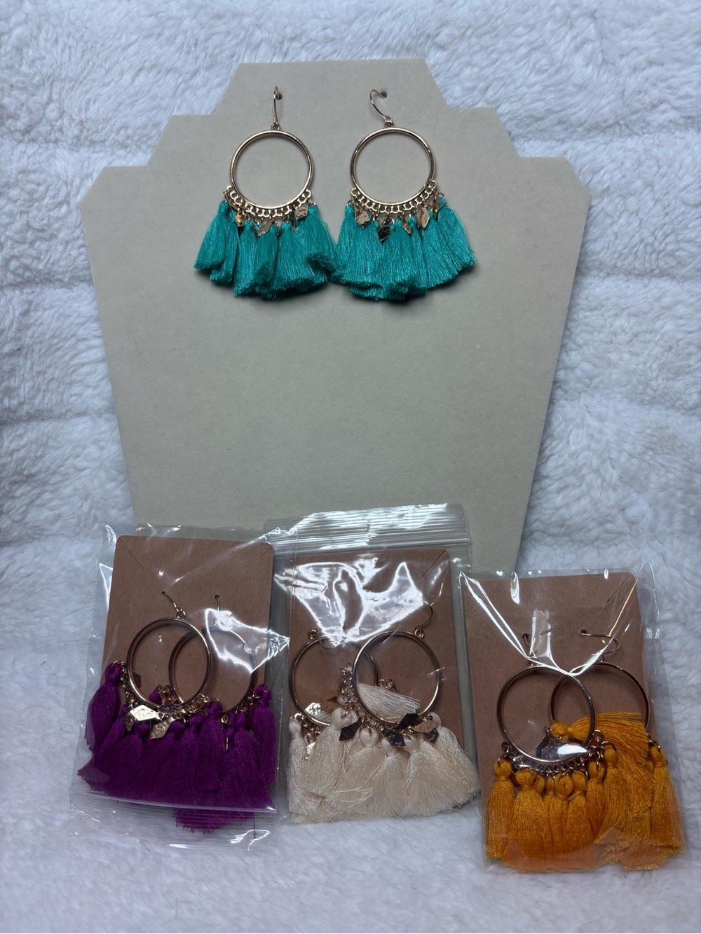 New 4 Pairs Bold Tassel Earrings Turquoise Mustard Fuschia Off White